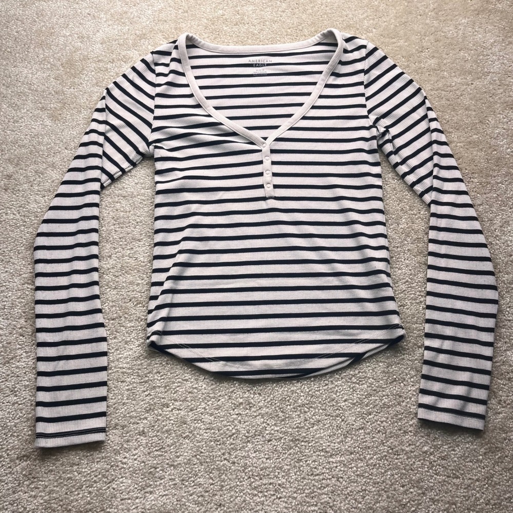 American Eagle Womens Medium Striped Henley Long Sleeve Ribbed V-Neck Top White